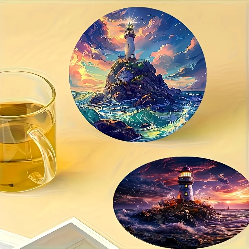 Retro Coastal Lighthouse 2D Wooden Coaster Napkin Holder Heat Resistant Colorful Drink Mat Home Decor Party Accessory Gift