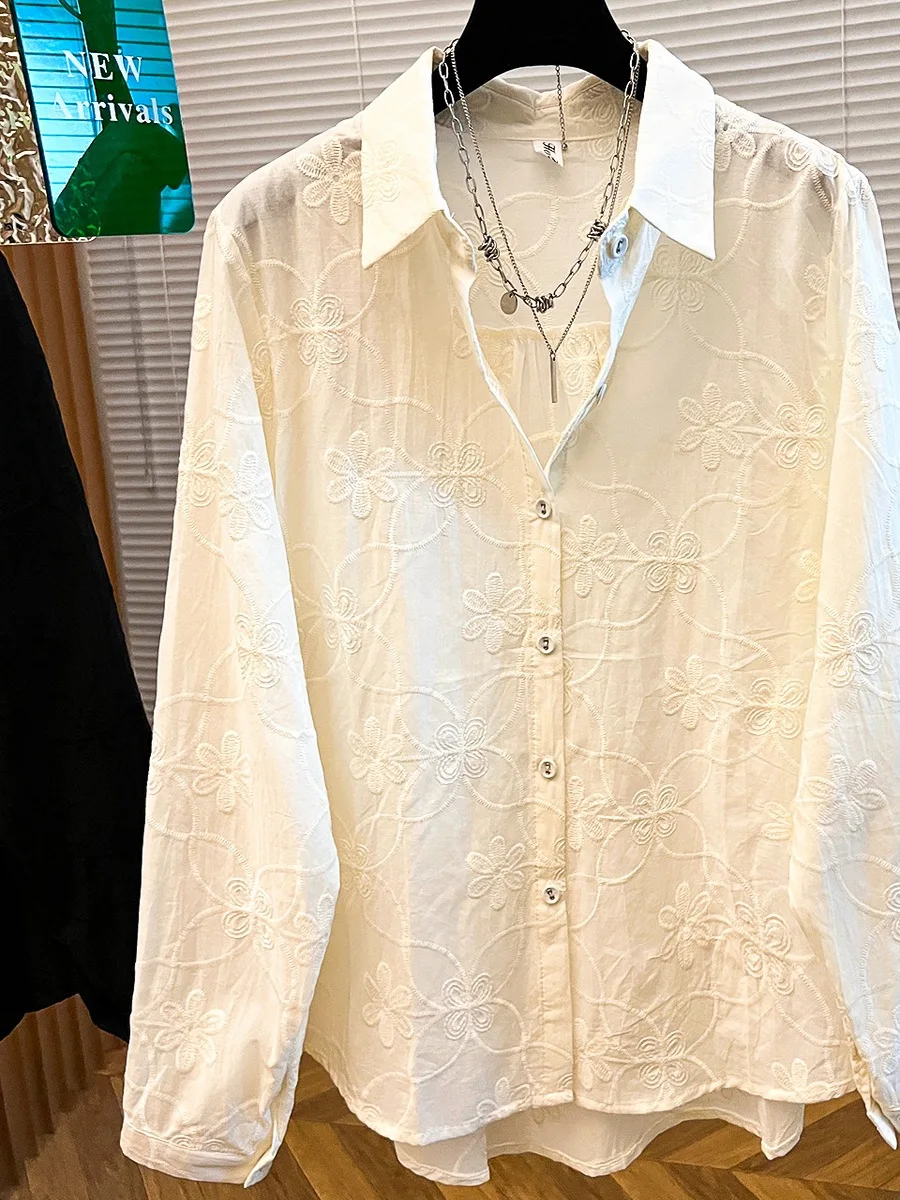 Sweet Sle Loose Fit Cotton irt Women's Pure Color Embroidered Flower Button up Casual Breathable Long Sve  Ne