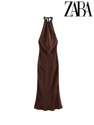 TRAF Women's Summer Nightclub Sexy Dresses Strapless Hanging Neck Pleated Fishtail Dress Pure Color Sleeveless Slim Long Dresses