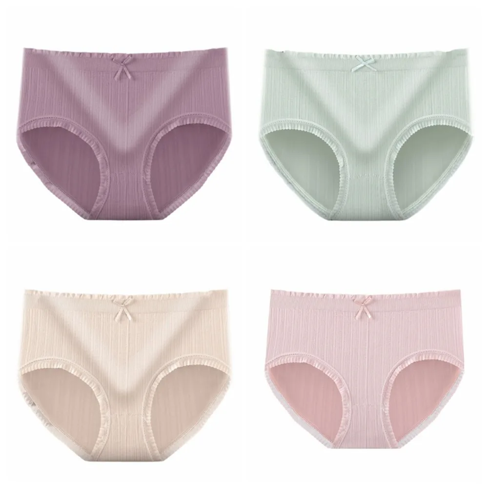 

4Pcs Fashion Mid Waist Lace Bowknot Panties Thin Cotton Crotch Seamless Briefs Underpants Lingerie Underwear for Women Lady