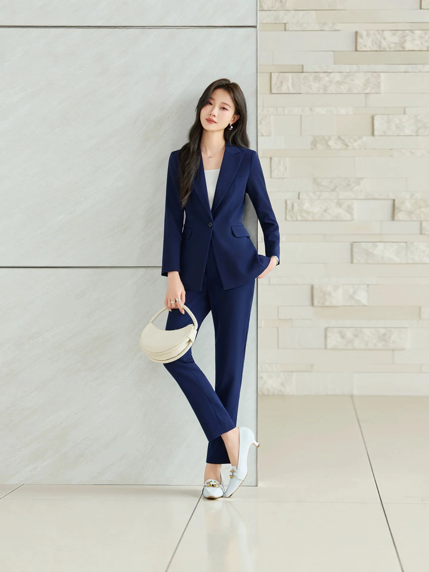 Women's Blue High‑End Long‑Sleeve Blazer Collar Coat, New Cross‑Border Business Suit Set