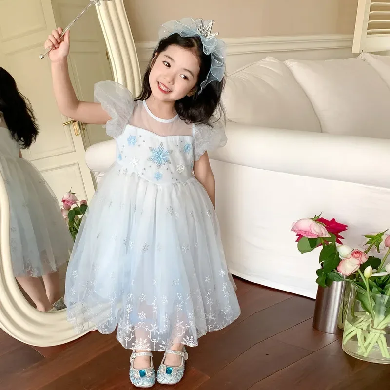 Toddler Baby Girls Ice Blue Dress for Kids Cosplay Princess Vestido Outfit Snow Flakes Cartoon Puff Sleeve Costume