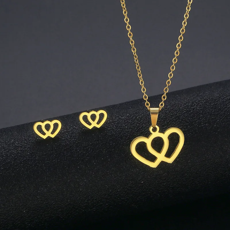 Luxury Gold Color Stainless Steel Little Bear Jewelry Sets Charms Earrings LOVE Necklace Women Girls Kids Christmas Gift TZ12