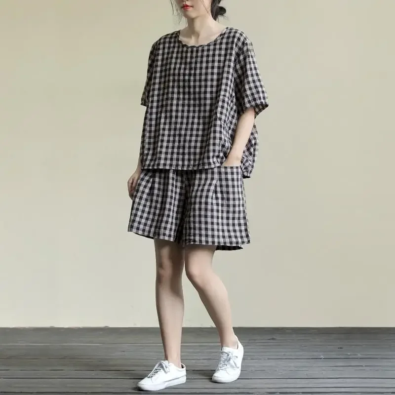 Losse T-shirtsets Literaire zomer Damespakken Geruite t-shirt met korte mouwen Vijfpuntsbroek Ademende shorts Casual 2-delige set