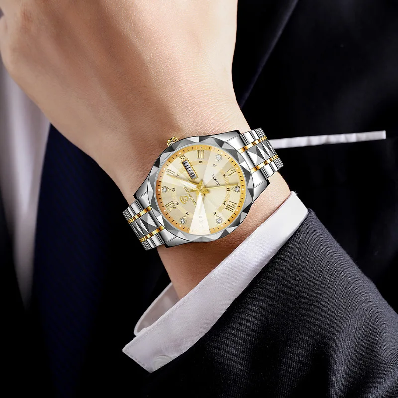 

LuxuryDouble Calendar Watch for Men Diamond Men Watch Water Quartz Movement Blue Gold Stainless Steel Fashion Business Watch