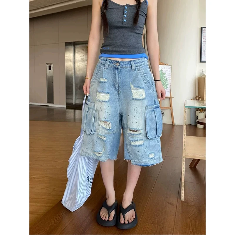 

ZHIZOU Women's Ripped Cargo Jeans Harajuku Y2k Baggy Denim Trousers Aesthetic Blue Jeans Shorts Vintage 2000s Emo Trashy Clothes