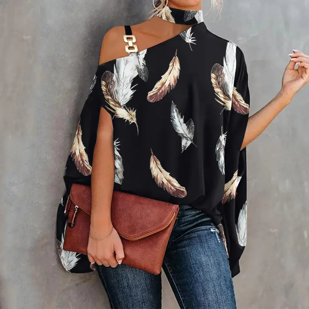 Sexy Halter Loose Blouse Tops Women\'s Elegant Print Off Shoulder Batwing Sleeve Pullover Shirt 2023 Summer Fashion Streetwear