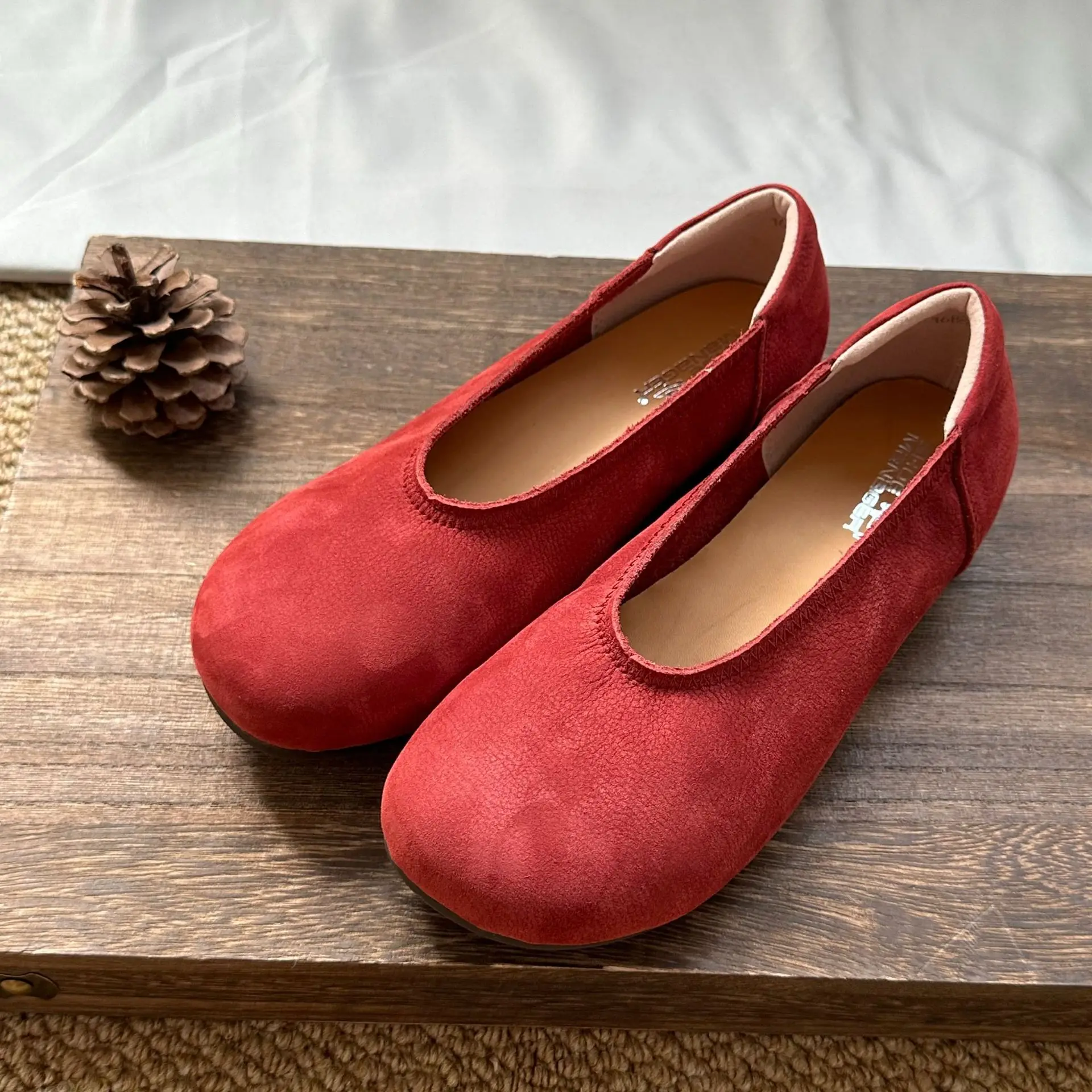 

ALA Rising|ALA Vintage Single Shoes Round Toe Casual Slip-On Shallow Flat Shoes Cow Susde Leather Women's Shoes