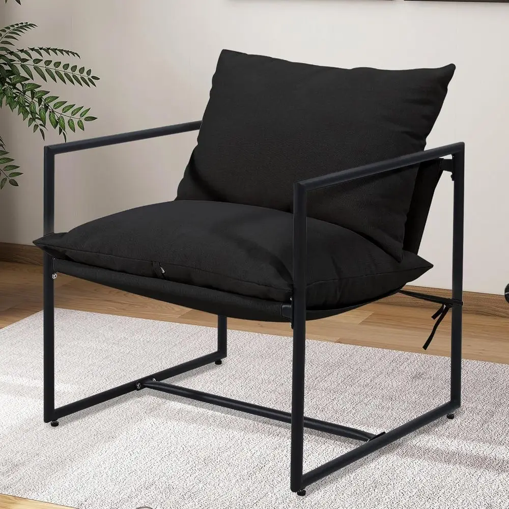 

Cushioned Metal Frame Accent Chair, Comfortable Living Room Seating, Square Design, 28 x 28 x 32, Easy to Assemble, Black