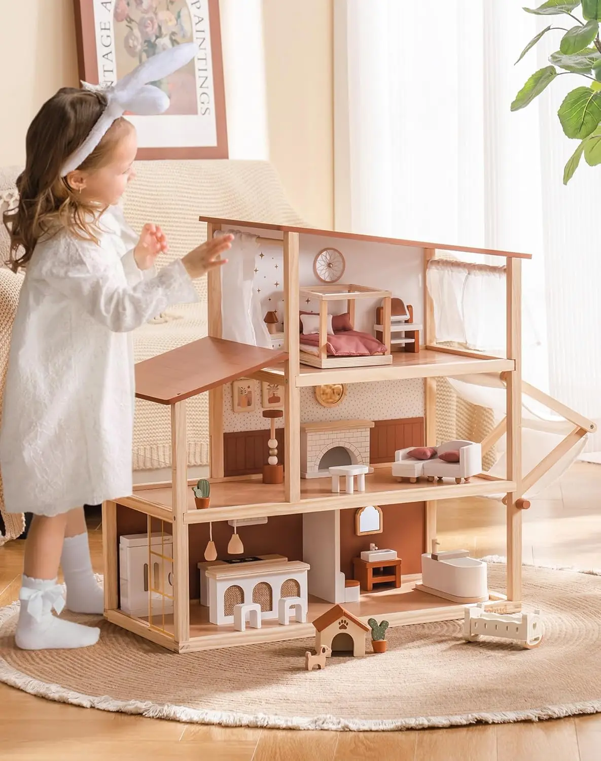 Robotime Robud Doll House Maison de poupée bohème en bois avec un design réaliste comprend 37 pièces de meubles et d'accessoires pour enfants