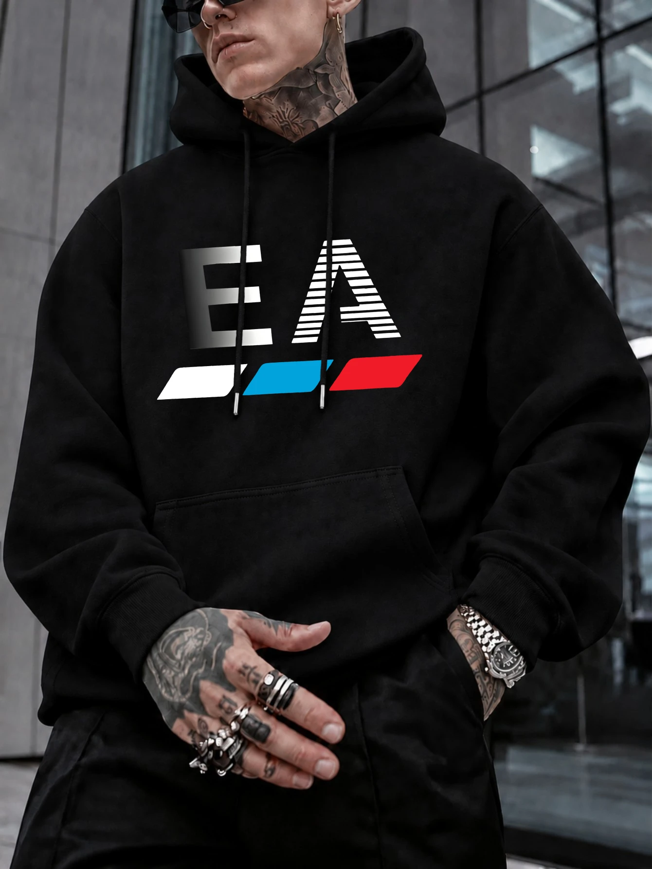 Men's Hooded Sweatshirt with Colorful Stripes and Ea Logo, Comfortable and Warm, Suitable for Gym Workouts and Casual Jogging ﻿