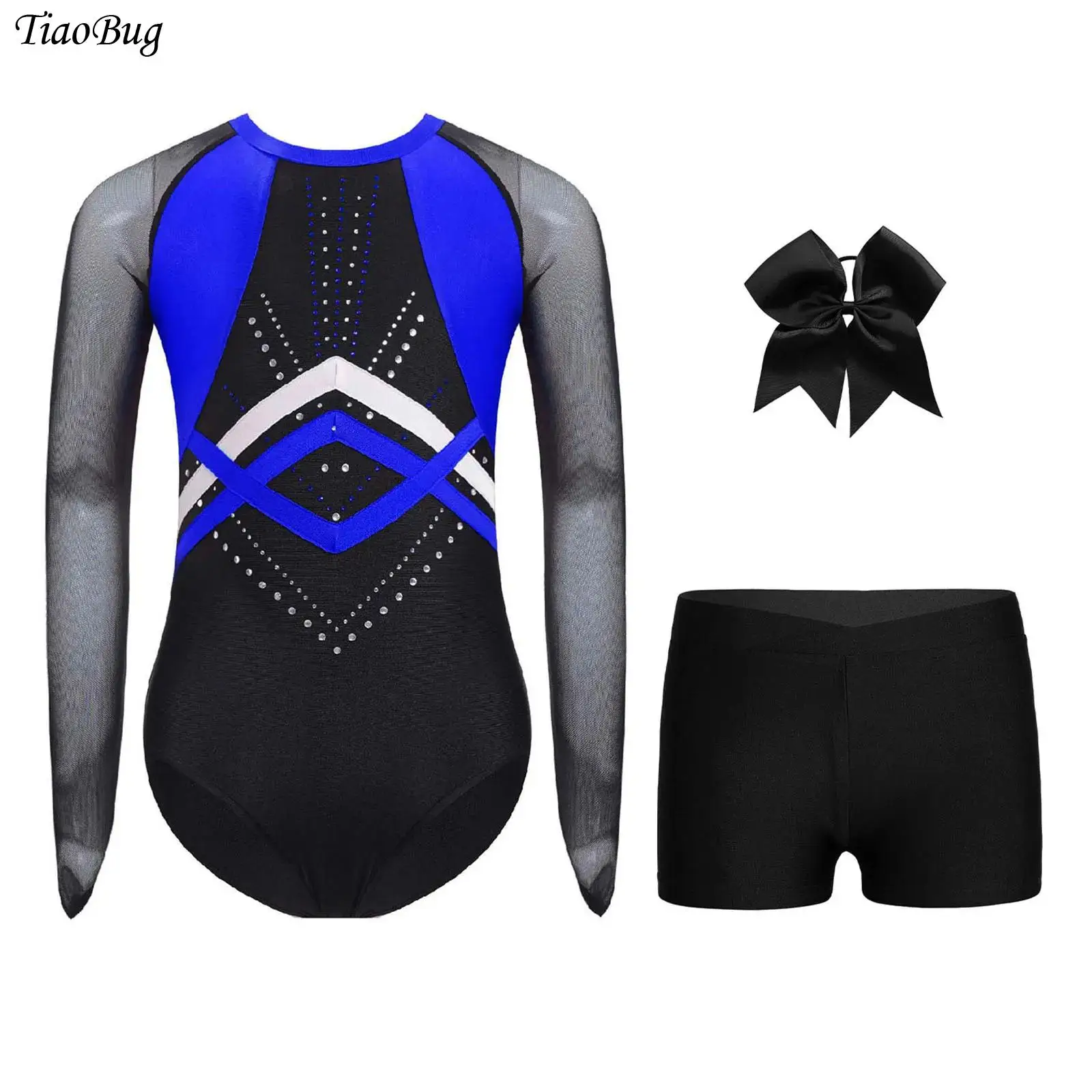 

Kids Girls Long Sleeve Ballet Dance Outfit Gymnastics Leotard Sheer Mesh Color Block Rhinestones Bodysuit with Shorts Headwear