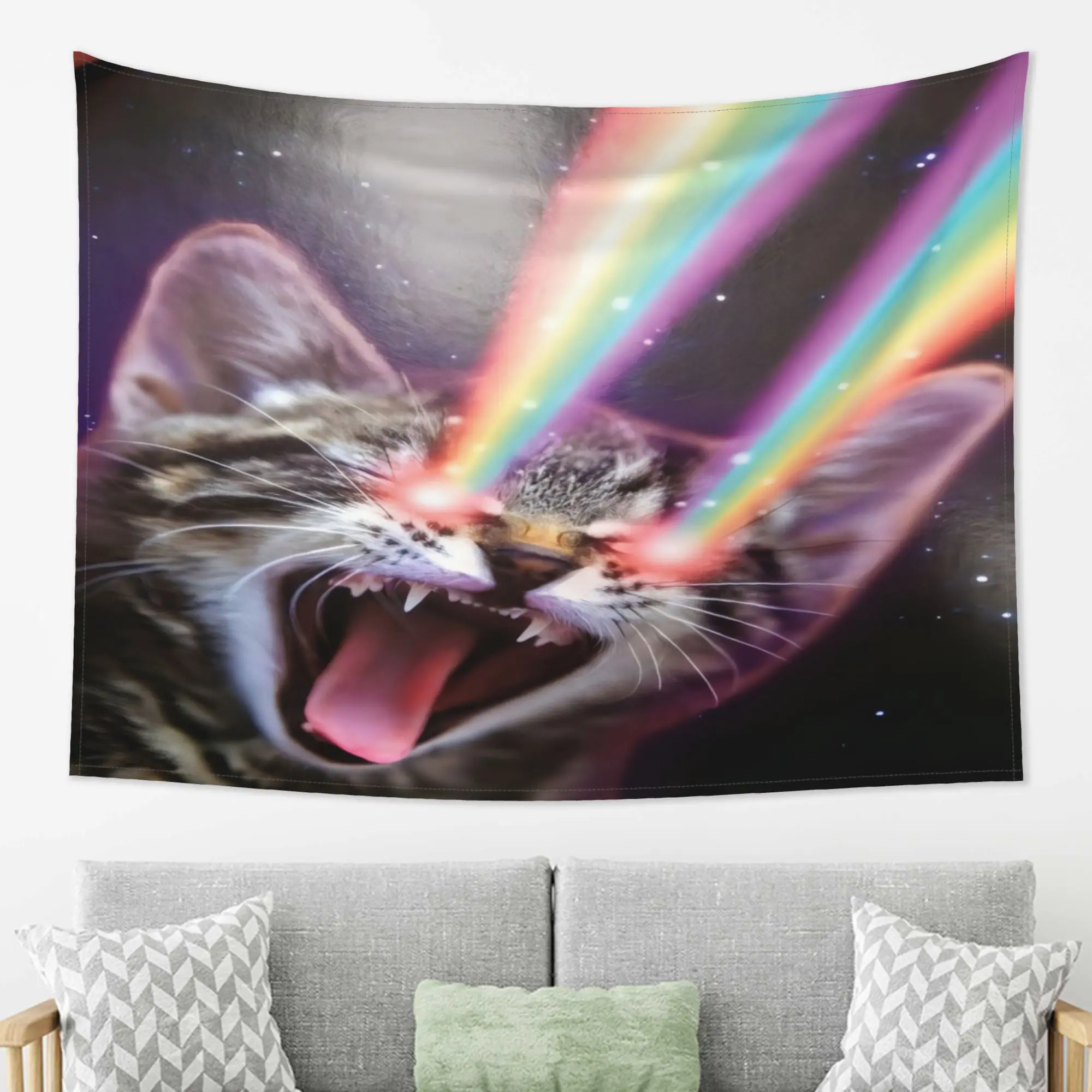 VIKAMA Funny Rainbow Laser Cat Tapestry Universe Starry Sky Magic Cat Printing Space Galaxy Cosmic Nebula Starry Universe
