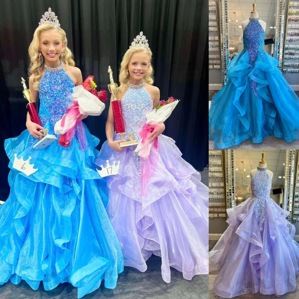 Liliowa sukienka dziewczęca na wybory Miss Halter cekinowa suknia balowa z organzy urodzinowa suknia imprezowa, koktajlowa dla nastolatków Junior Miss galowa zwyczaj