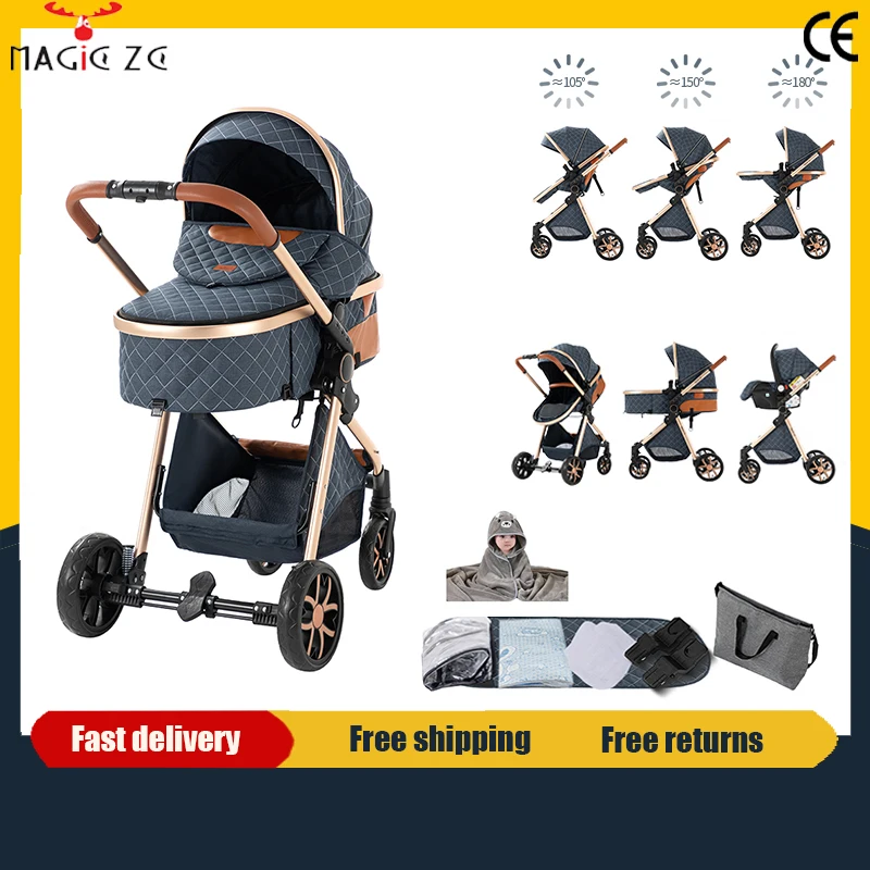 Luxuriöser 3-in-1-Kinderwagen mit Autositz und Schlafkorb, leichter Baby-Kinderwagen, hohe Sitzposition, multifunktionaler, verstellbarer Reisebuggy, einfach faltbar, kompakt, tragbar, sicher,