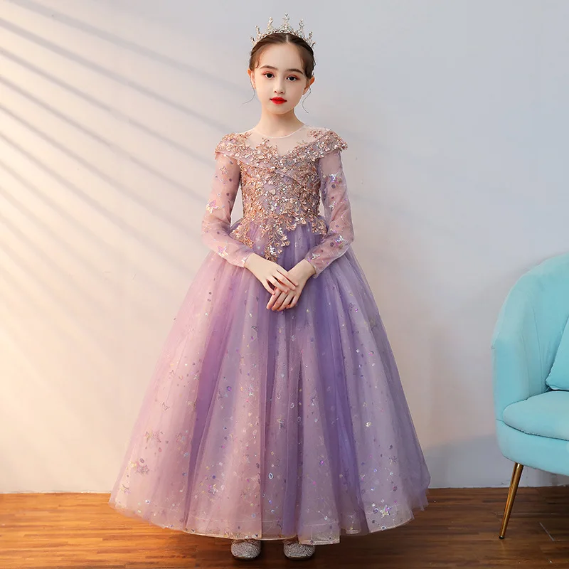 Child Girls Evening Long Dress Purple Pink Luxury Party Gowns Kids Birthday Princess Costume Wedding Formal Dresses Vestido 12 Y