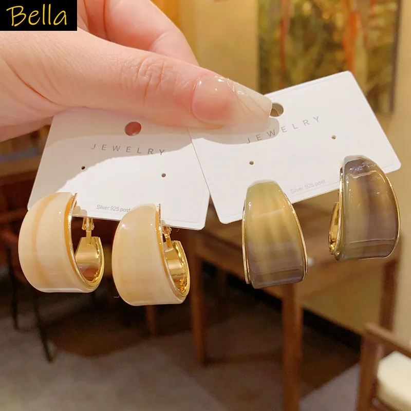 Multi Color Marbled Resin C Hoop Earrings Gold Edge Open Earring women Office Lady Everyday Commute Outfit