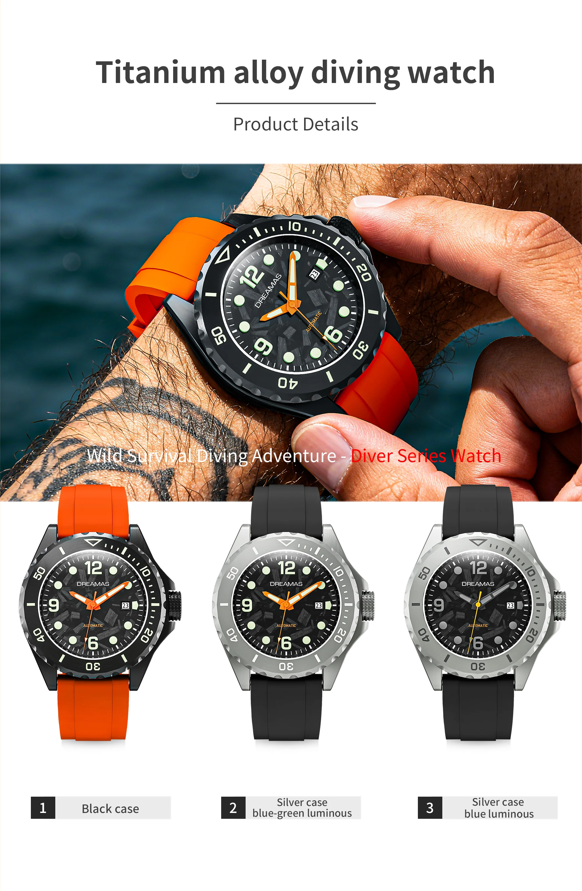 DREAMAS Herren Mechanische Uhr Titanlegierung Taucheruhr Schweizer 3D Super Leuchtend 500m Wasserdicht Automatikuhr DMS7350 – Detail 1