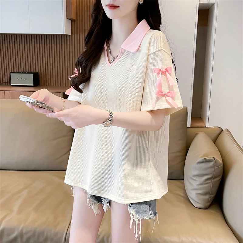 Summer New Embroidered Bow T-shirt Contrast Loose T Shirts Polo Neck Waffle Short Sleeve Tops Tees Casual Fashion Women Clothing