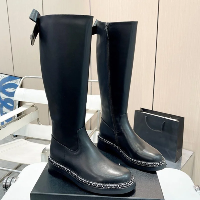 

Metal Chain Decoration Knee High Boots Sexy Round Toe Solid Matte Leather New Arrivals Fashion Women Boots