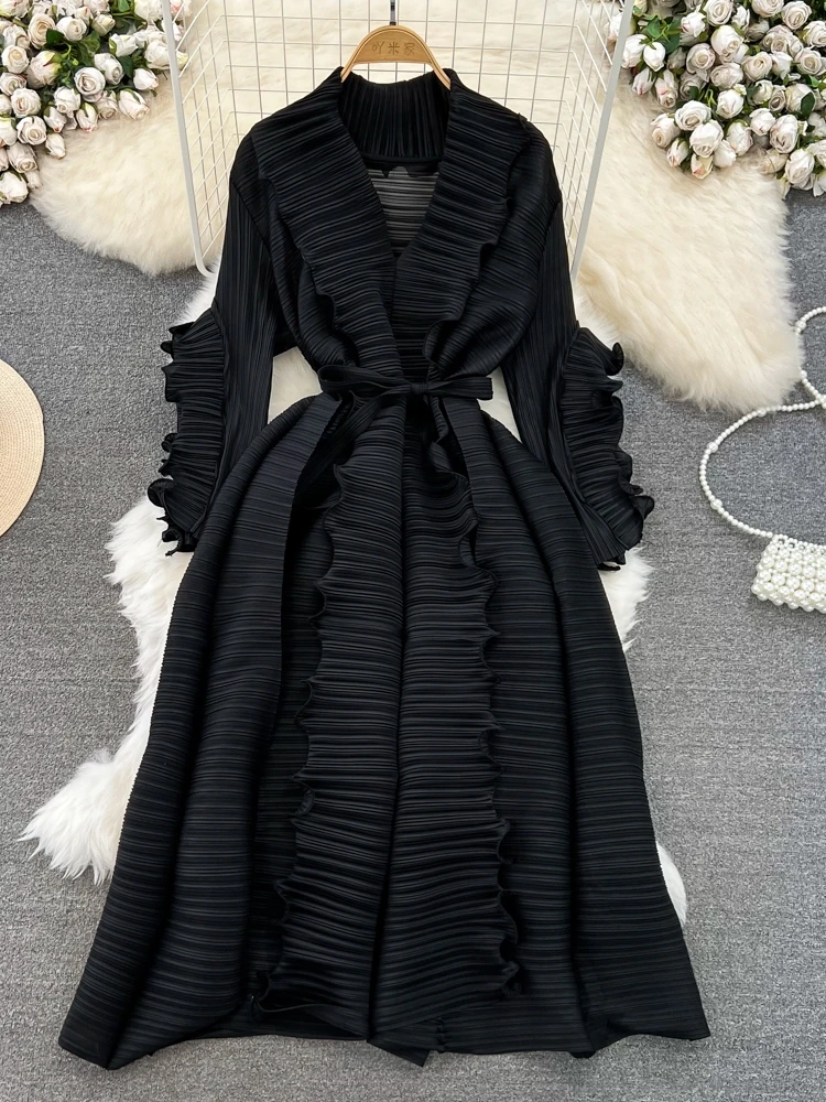 2024 Miyake Ruffled Spring summer New Long Sleeve High Elastic Dress V-neck Long Sleeve Women Korean Fashion Party Luxury Dress