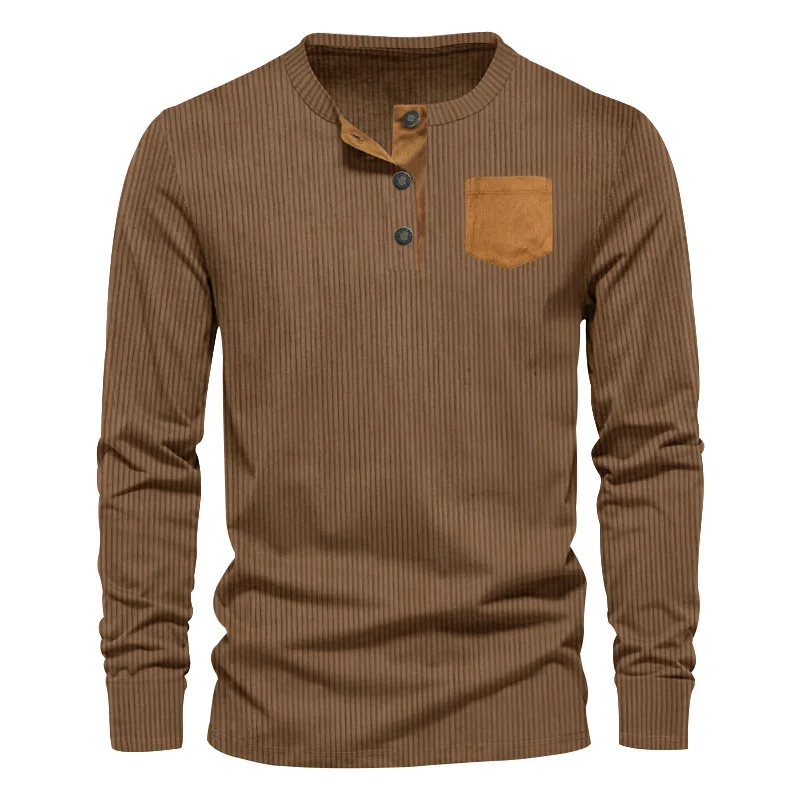 2024 Spring and Autumn New Men's Three Button Corduroy Henry Long Sleeved T-shirt Round Neck Slim Fit