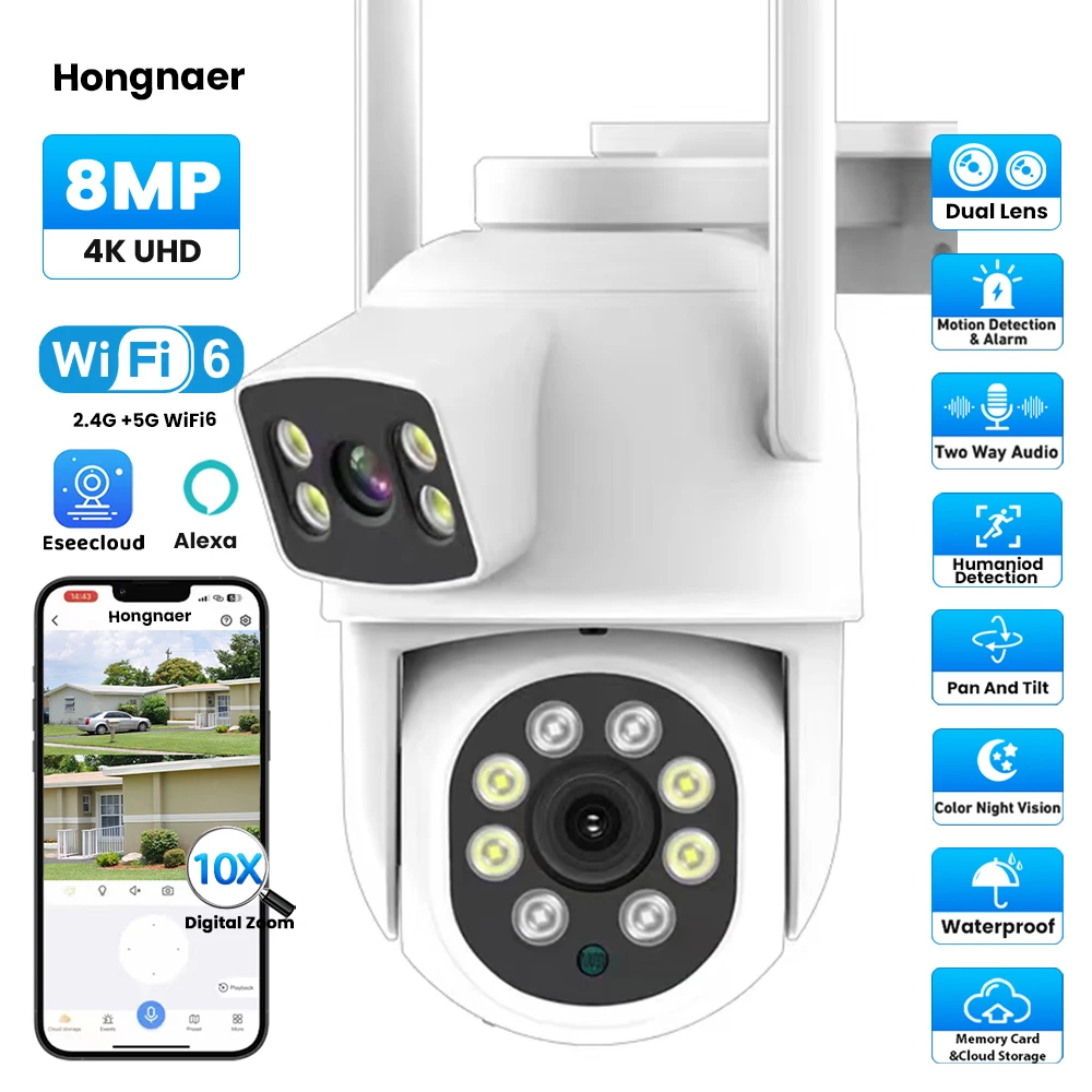 

Hongnaer 8MP 4K 5G 2.4G Dual Band WiFi6 Outdoor PTZ Wireless IP Eseecloud Dual Lens WiFi Home CCTV Security Network Camera