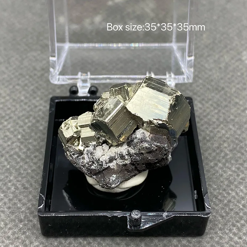 100% natural pyrite mineral specimen cures crystal gem collection. +Box size：35*35*35mm