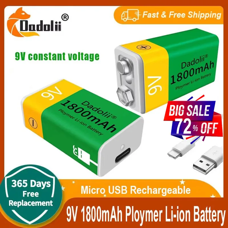 2024 9 فولت 1800 مللي أمبير بطارية ليثيوم أيون قابلة للشحن مايكرو USB بطاريات 9 فولت ليثيوم لعبة ميكروفون متعدد التحكم عن بعد KTV استخدام