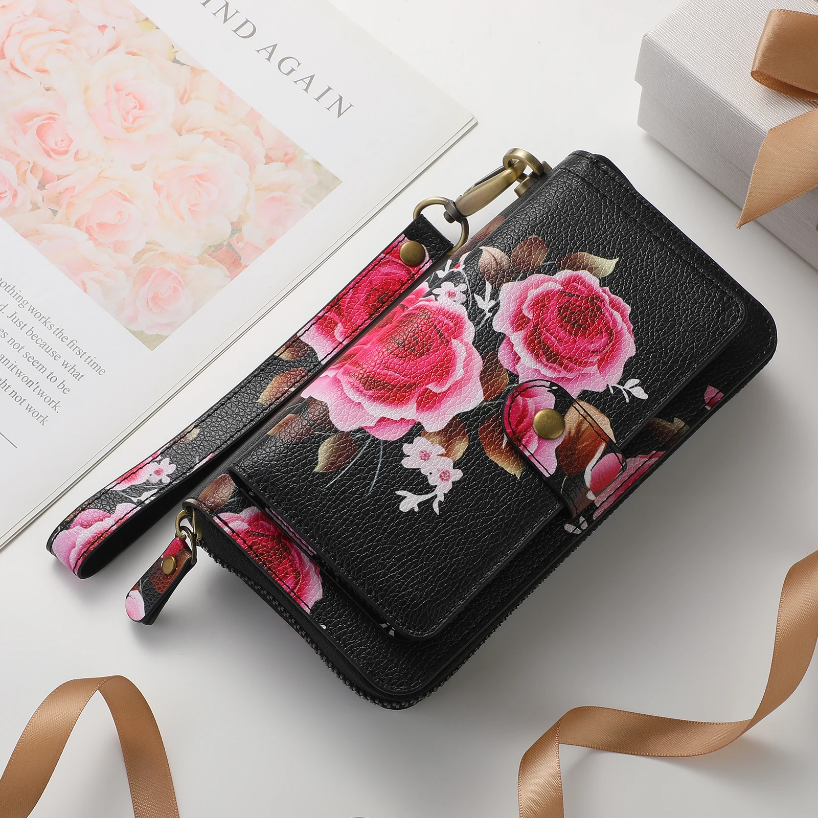 Wristband Zipper Wallet Cards Solt Flower Phone Bag For Samsung Galaxy S23 Ultra S22 Plus Note 20 Hand Strap Detachable Cover