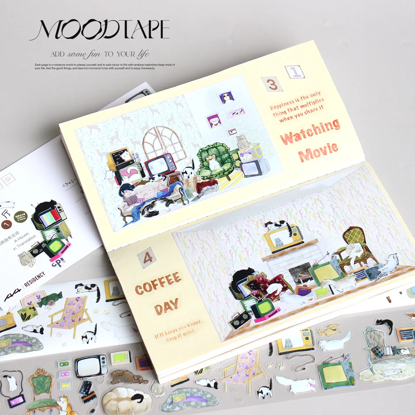 9.3 Moodtape Cat and Living Room Original Animal Scene Washi Tape for Journal Scrapbooking Sticker Paper Tape