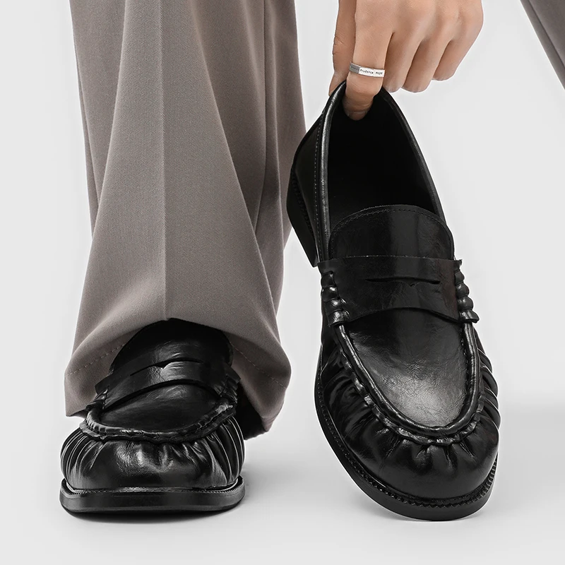 Men's Black Leather Loafers 2026 Slip-On Casual Shoes