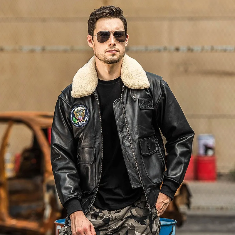 2024 New Men\'s Genuine Leather Air Force G1 Flight Jacket Fashion Velcro Fur Collar Jackets USA Size Sheepskin Winter Coats