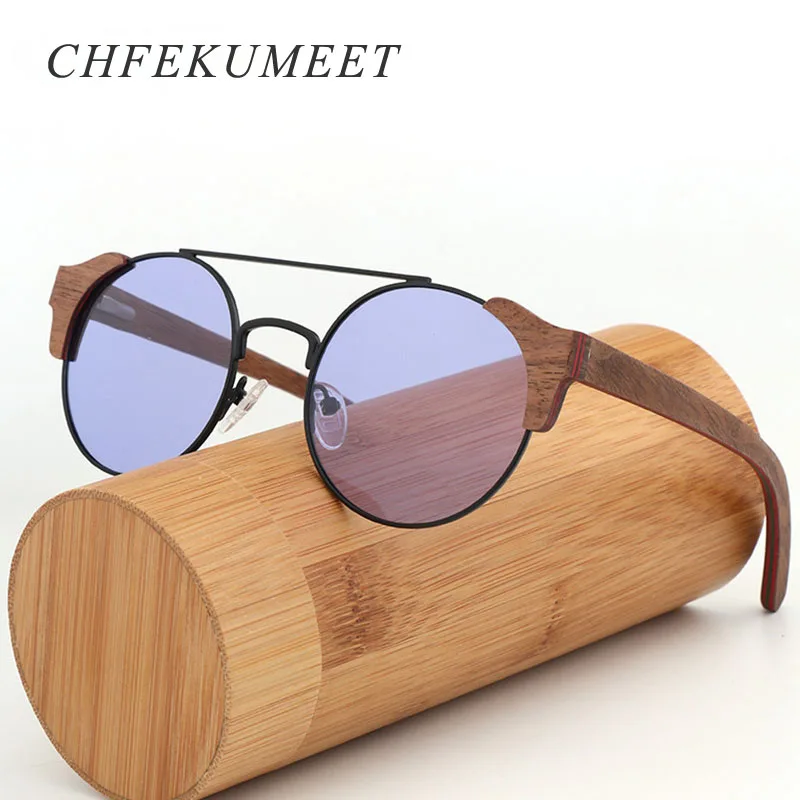 

CHFEKUMEET Brand Wooden Sunglasses For Men Women UV400 Mirror Lens Optical Eyewear Round Frame Handmade Driving Sun Glasses