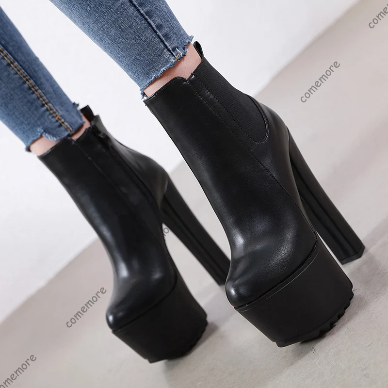 Comemore 16cm Suprt High Heels Women's Boot Autumn Women Black Chelsea Ankle Boots Pipe Platform Thick Heeled Women Shoe Elegant