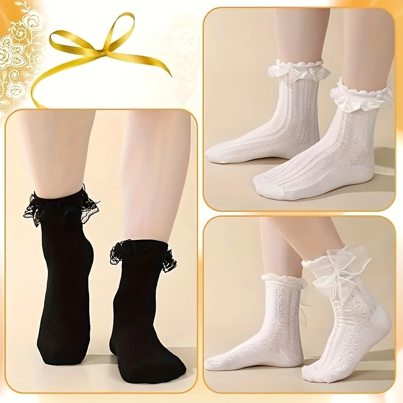 6 Paar Spitzen-Rüschen-Crew-Socken für Damen, Niedliche Prinzessinnen-Knöchelsocken mit Spitze für Frauen – Detail 3