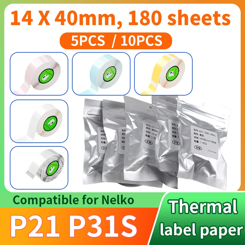 5/10 rolls Thermal label paper suitable compatible for Nelko P21 P31S models 14 × 40mm, 180 sheets per roll printing paper white