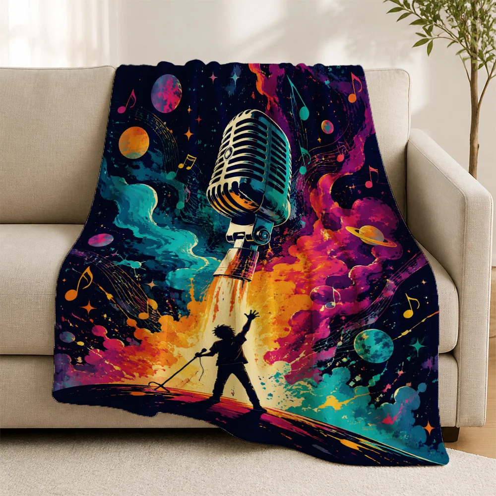 Retro Cosmic Music Theme Throw Blanket for Sofa Couch Decor Disco Pop Art Microphone Style Cozy Fleece Winter Decorative Gift