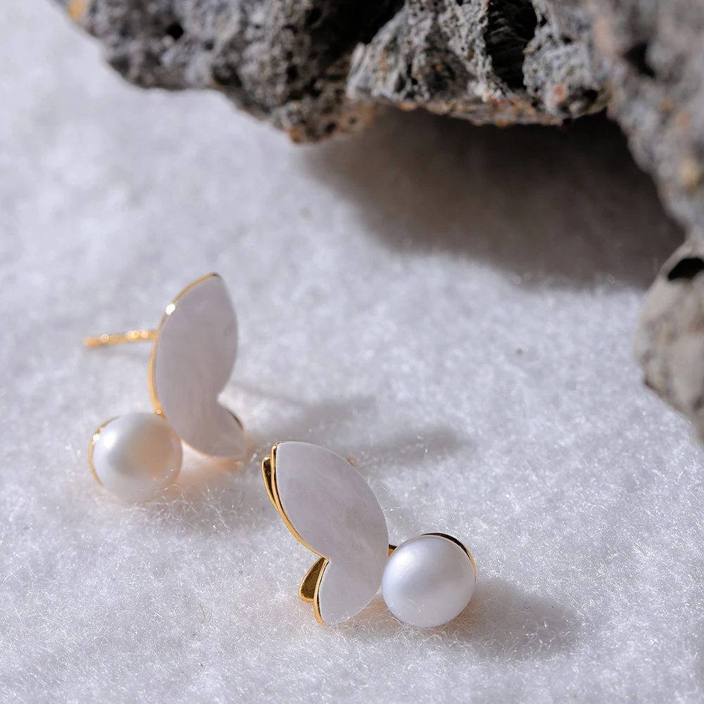 Mchic-Boucles d'oreilles mignonnes avec perles naturelles, coquillage acrylique, breloque papillon, cuivre, bijoux coréens, 03/petit clou