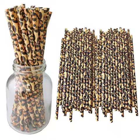 25-300pcs Leopard Paper Straws 20cm Drinking Straws Safari Themed Party Straws Kids Animal Birthday Party Favors Supplies