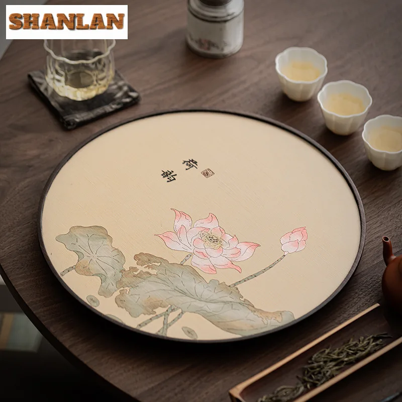 

Hand-painted Lotus Circular Bamboo Tea Tray Boutique Tea Board Tea Brewing Dishes for Serving Cafes Tray Accessories Ornaments