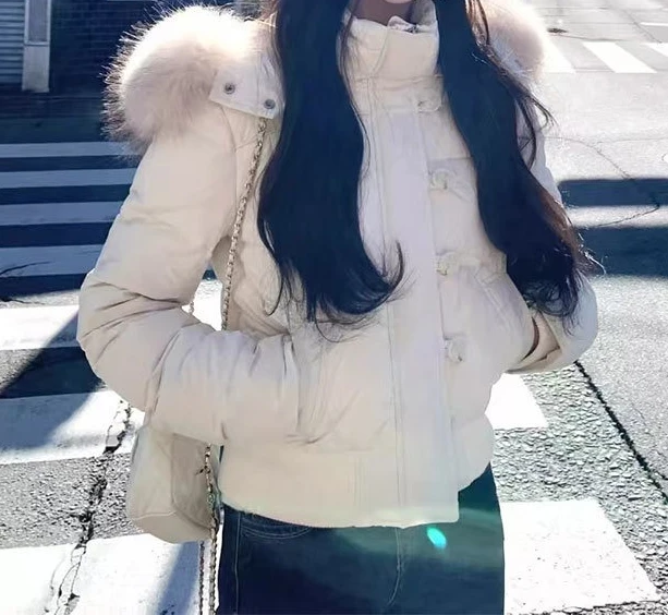 Solid Color Big Fur Collar Cotton Clothes Women's Short 2026 Winter New Waist Thickened Cotton Coat