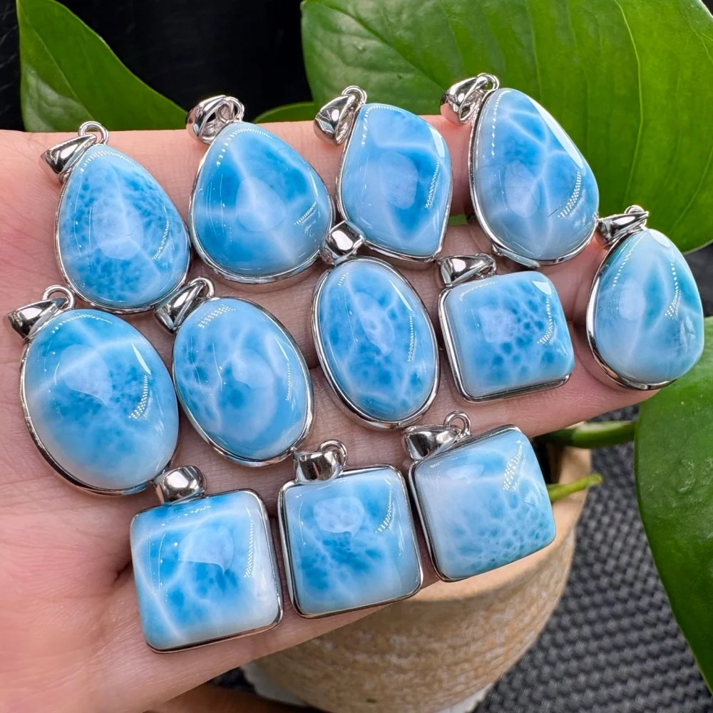 S925 Sterling Silver Natural Larimar Pendant Crystal Healing Reiki Polished Charm Jewelry for Mature Women Holiday Gift