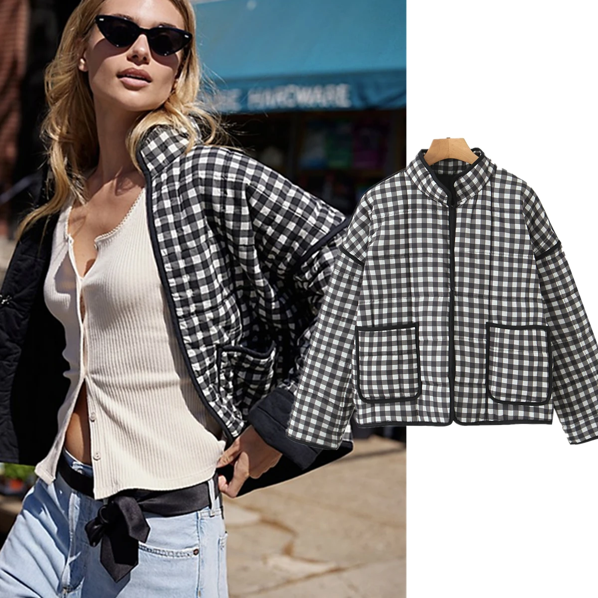 Dave&Di 2024 Autumn And Winter Black White Checkered Pocket Parka Coat Drop Shoulder Jacket Women