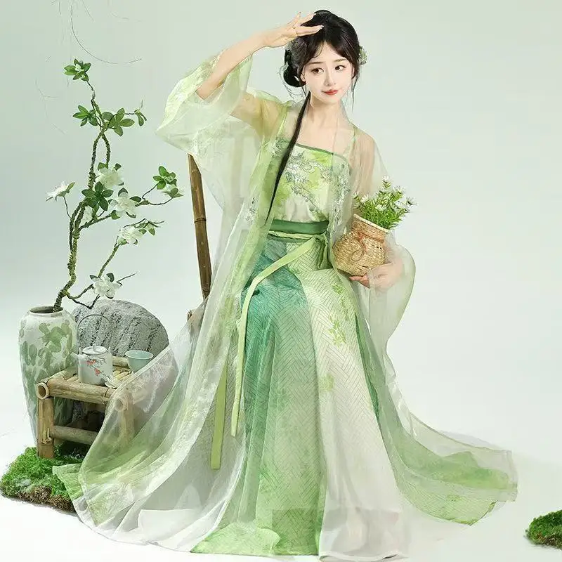 

Song Dynasty Green Embroidery Hanfu Women Traditional Chinese Floral Beizi Skirt Vintage Stage Carnival Cosplay Show Clothing