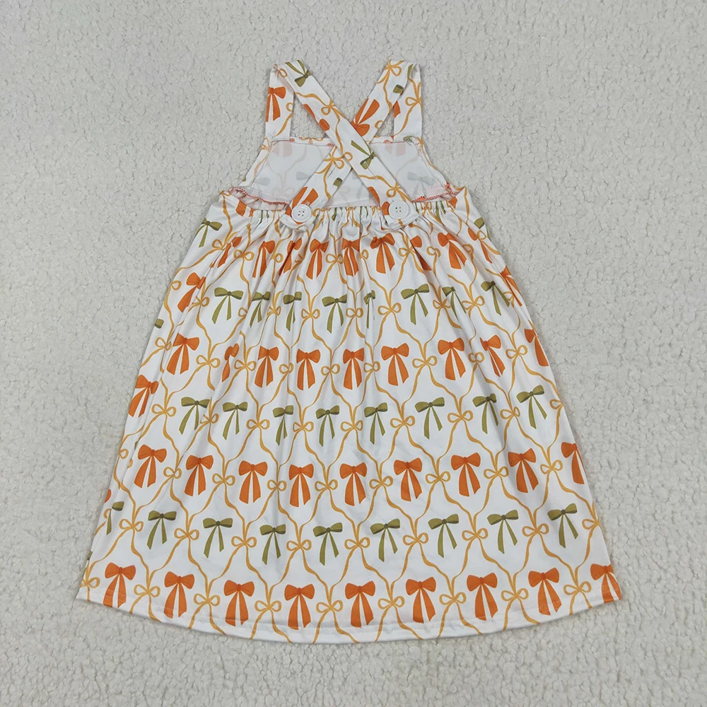 فستان للفتيات الصغيرات بطول الركبة مع أشرطة وأقواس برتقالية وجيوب بنمط مخطط لموسم الخريف #2