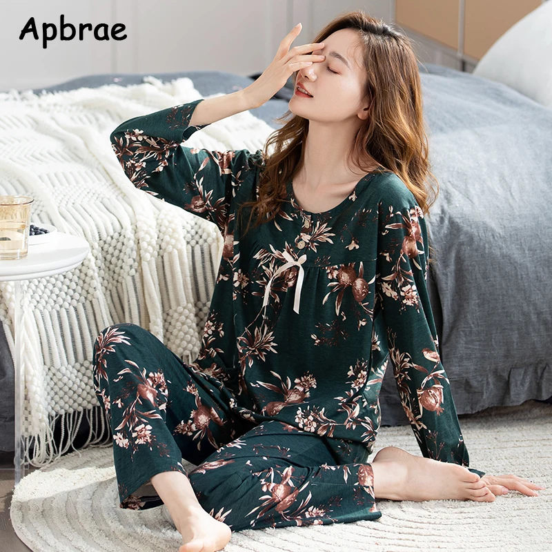 M-4XL Woman Sleepwear Autumn Winter Women Pajamas Set Floral Print Home Clothes Modal Nightwear Casual Homewear for Girl
