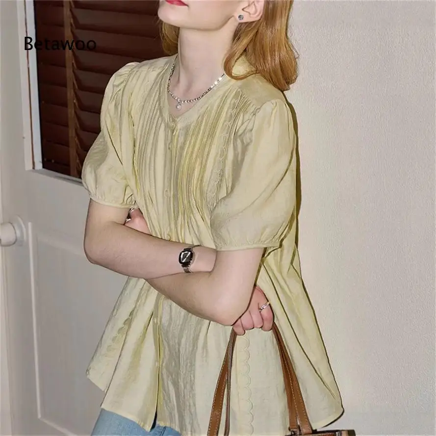 Light Yellow Puff Sleeve Pleated Blouse for Women