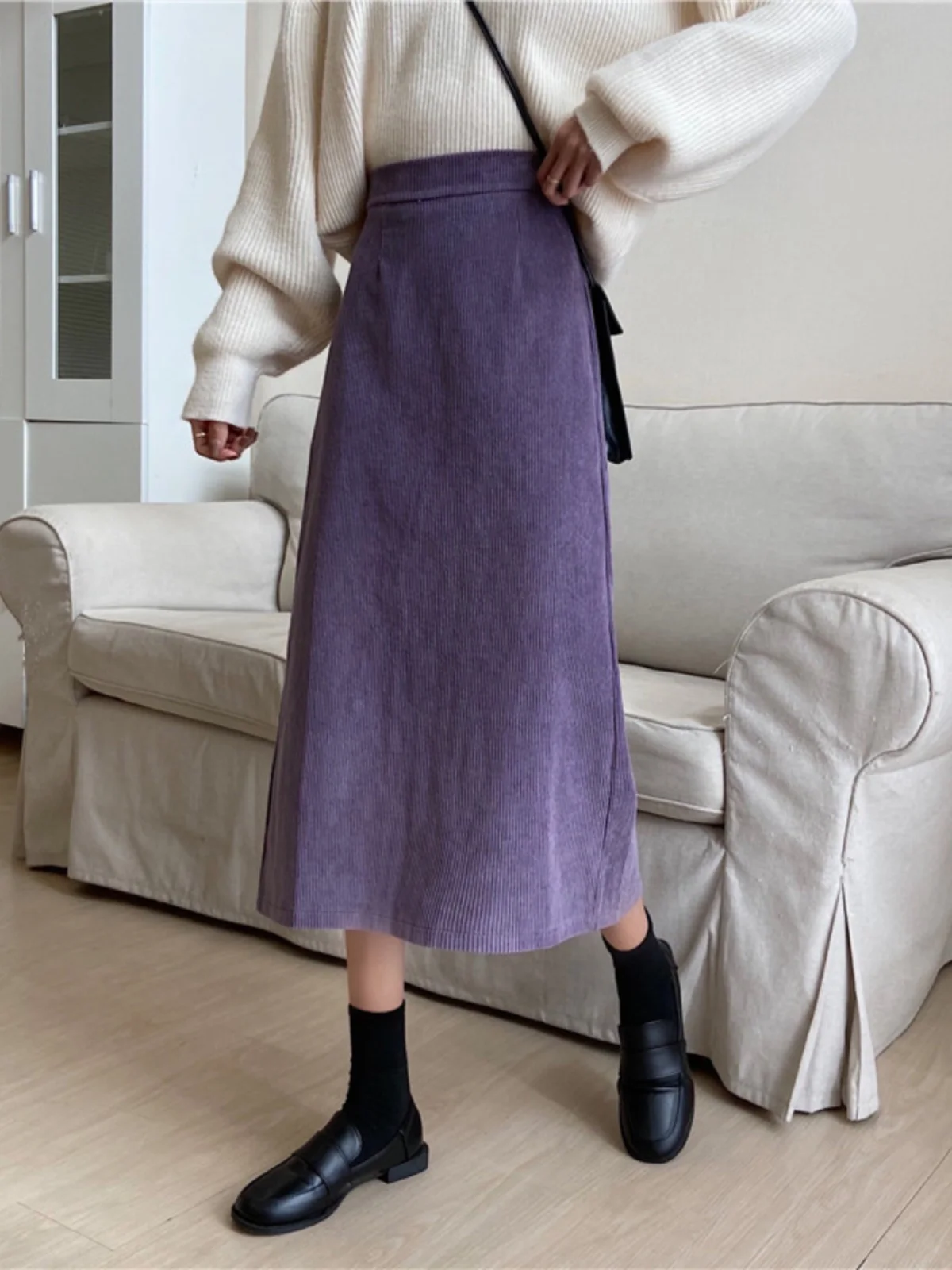 Purple Velvet A-Line  Skirt Women's Spring Autumn plus Size High Waist Long Split Design Comfortable Fit Office Wear