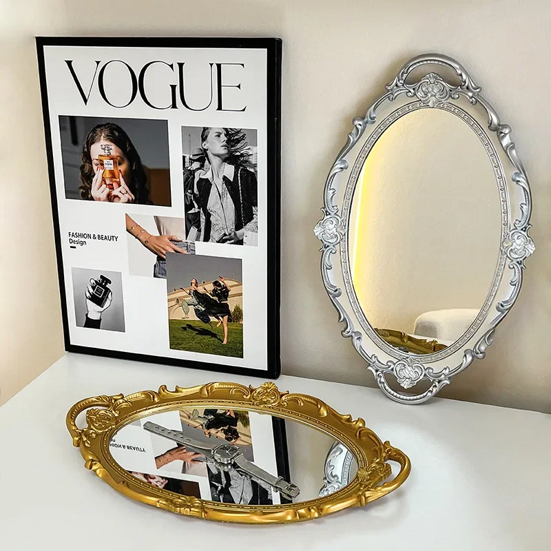 French Retro Glass Mirror Tray Living Room Decoration Pieces Aromatherapy Jewelry Display Crafts Mirror Storage Tray